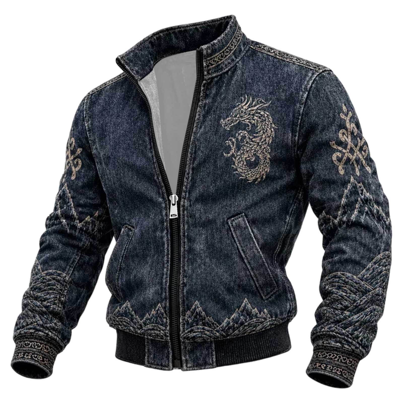 Trendfront Mens Dragon Jacket Knot Pattern Stand Collar Full Zip Coat ...