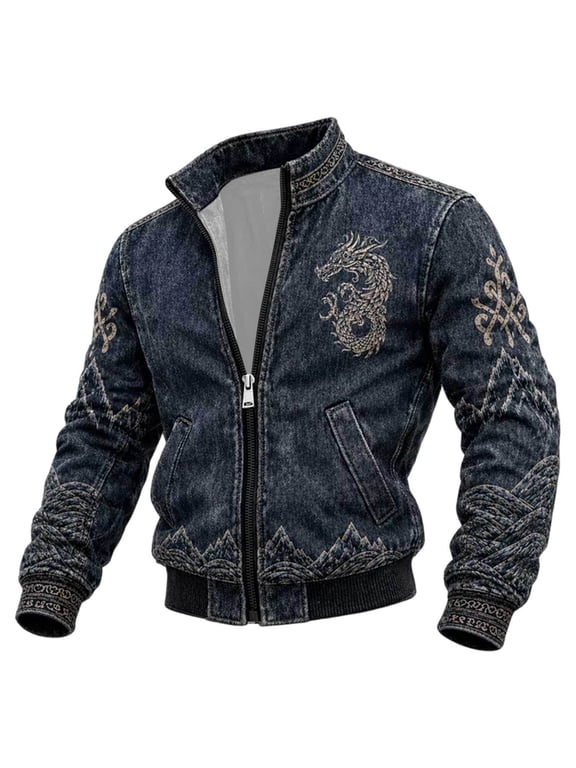 Mens Dragon Jacket Knot Pattern Stand Collar Full Zip Coat Long Sleeve Side Pockets Ribbed Cuffs And Hem Casual Top