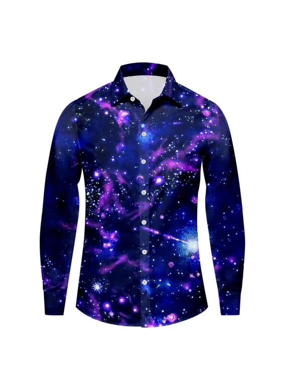 Mens Galaxy Print Button Down Shirts Long Sleeve Space Inspired All Over Graphic Design Collared Casual Party Dress Shirt Tops