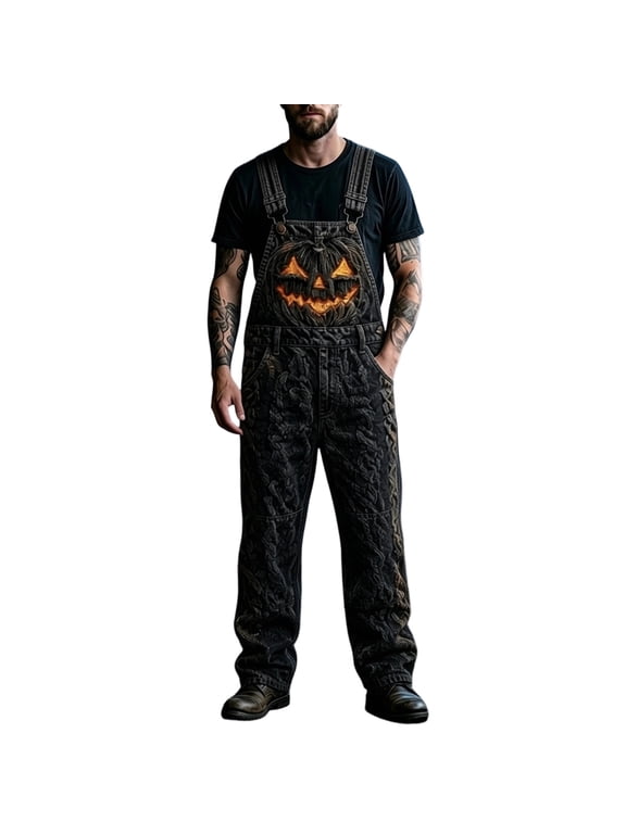 Mens Halloween Overalls Jack O Lantern Print Buckle Straps Side Pockets Straight Leg Jumpsuit Full Length Costume Outfit
