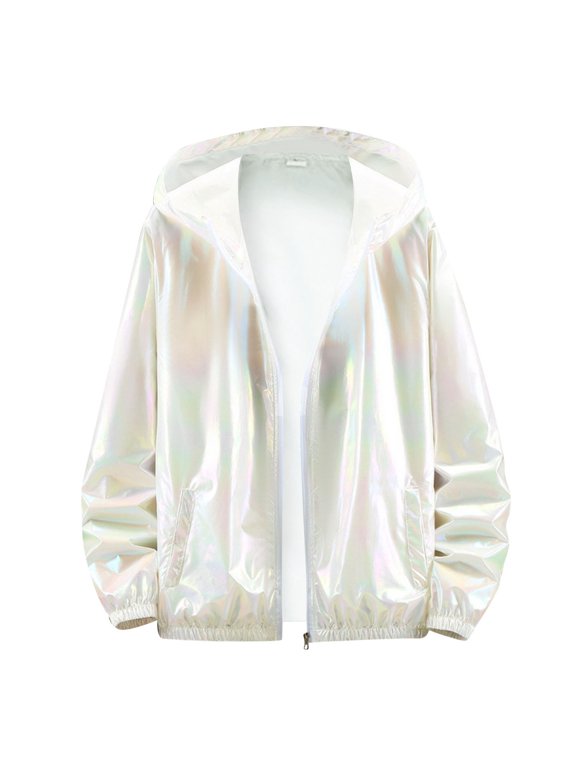 Mens Holographic Jacket Metallic Zip Front Hooded Coat Long Sleeve Elastic Hem Pockets Festival Rave Top