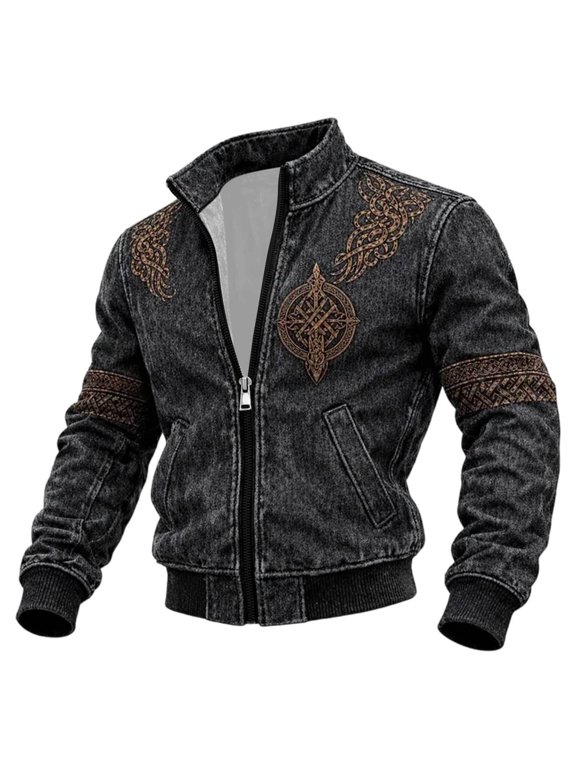 Mens Knot Pattern Jacket Stand Collar Long Sleeve Full Zip Coat Side Pockets Ribbed Cuffs Banded Hem Casual Layering Top