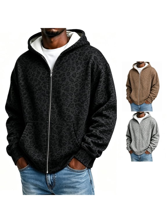 Mens Leopard Print Zip Up Hoodie Cheetah Print Long Sleeve Hooded Sweatshirt with Front Pockets Casual Full Zip Jacket