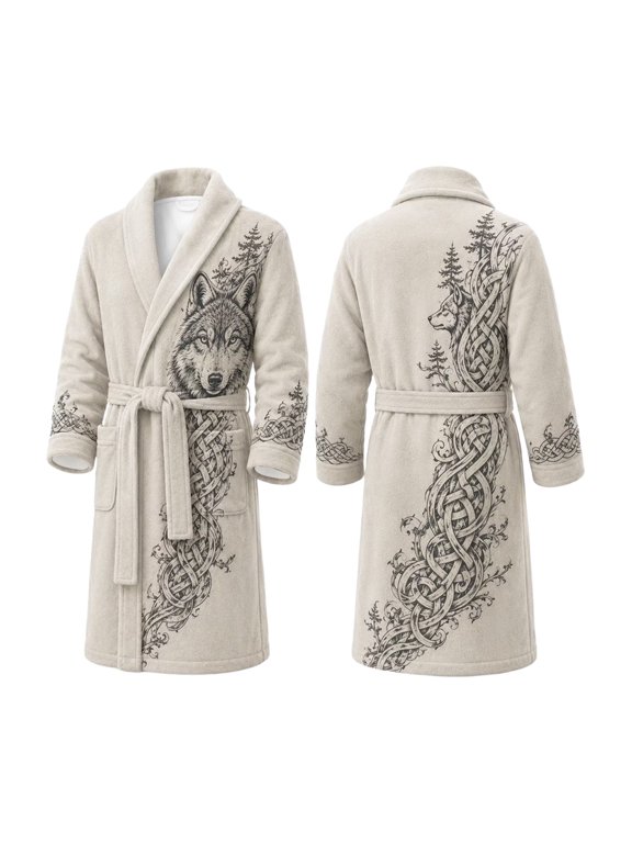 Mens Plush Robe Wolf Forest and Celtic Knot Graphic Print Shawl Collar Long Sleeve Tie Belt Pockets Plush Lounge Robes