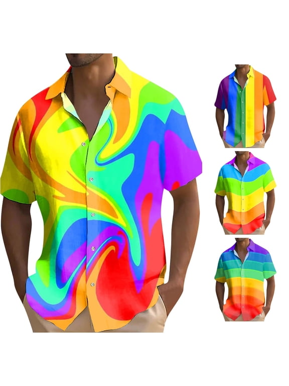 Mens Rainbow Stripe Button Down Shirts Bold Multicolor Vertical Panels Camp Collar Short Sleeve Summer Festival Vacation Shirt Tops