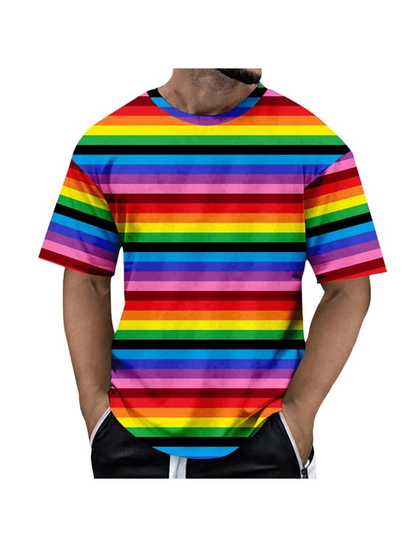 Mens Rainbow Stripe T Shirts Crewneck Short Sleeve Summer Festival Casual Bold Multicolor Horizontal Pattern Tee Tops
