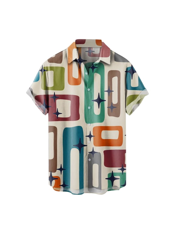 Mens Retro Geometric Button Down Shirts Camp Collar Abstract Mid Century Pattern And Curved Hem Short Sleeve Summer Casual Vacation Shirt Tops