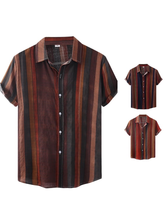 Mens Retro Stripe Button Down Shirts Camp Collar Multicolor Vertical Line Pattern Short Sleeve Summer Casual Vacation Shirt Tops