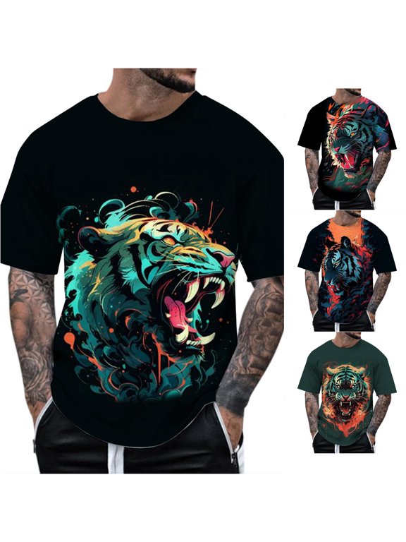 Mens Roaring Tiger Graphic T Shirts Short Sleeve Crewneck Colorful Animal Head Front Print Casual Summer Statement Tee Tops