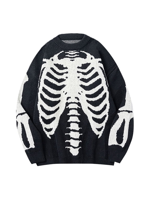 Mens Skeleton Pullover Ribcage Bone Graphic Crew Neck Sweater Long Sleeve Ribbed and Hem Relaxed Casual Top