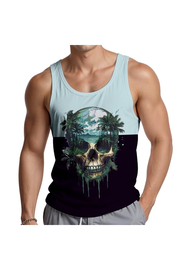 Mens Summer Crew Neck Sleeveless Tops Patterned Graphic Print Design Tees Casual Everyday Fashion Style Tank