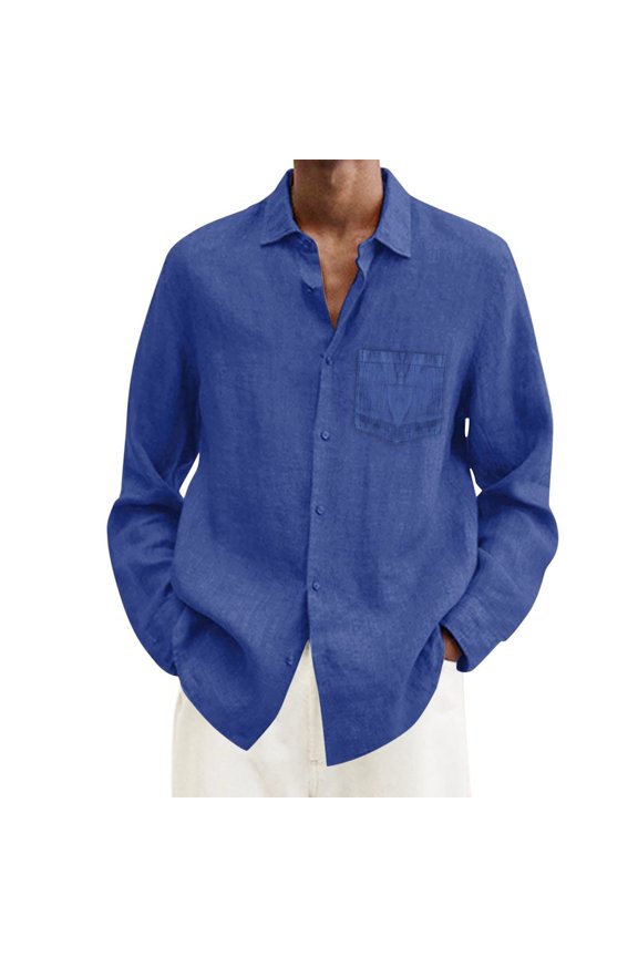 Mens Summer Notch Neck Long Sleeve Shirts Solid Color Plain Design Tees Button Down Pocket Front Classic Style Tops