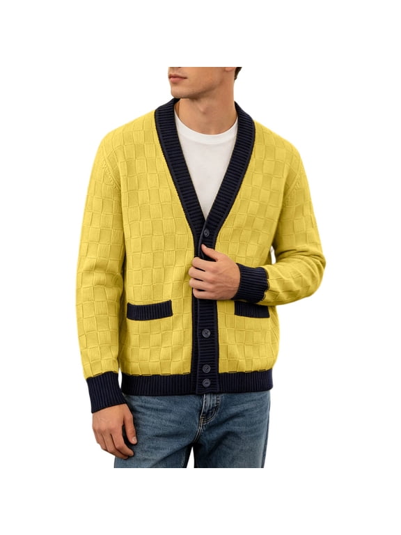 Mens Textured Cardigan Solid V Neck Button Front Sweater Patch Pockets Long Sleeve Contrast Ribbed Casual Jacket