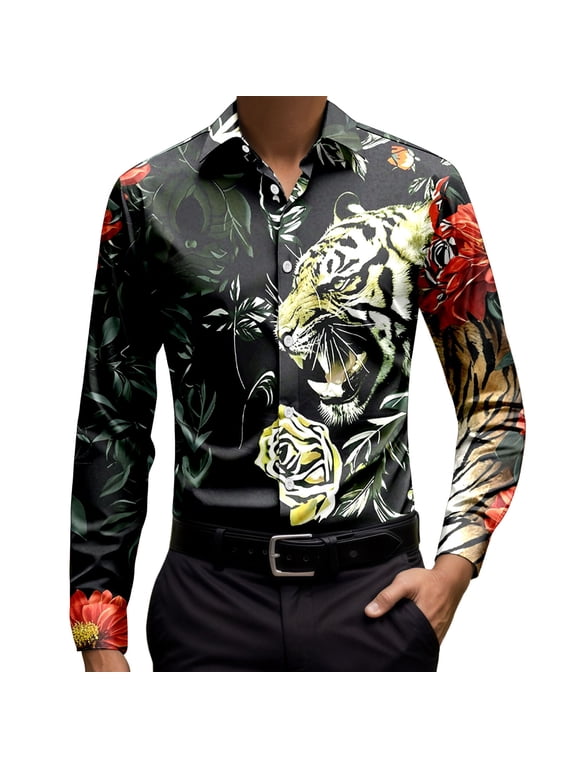 Mens Tiger Floral Graphic Shirts Collared Long Sleeve Bold Animal Rose Print Button Front Statement Party Dress Shirt Tops