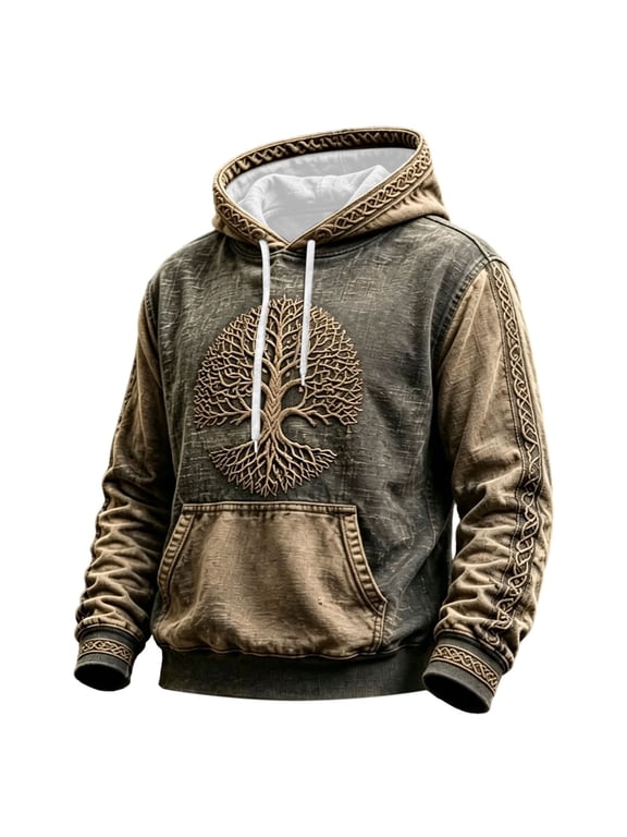 Mens Tree Graphic Hoodies Knotwork Border Long Sleeve Drawstring Hooded Sweatshirt Kangaroo Pocket Relaxed Fit Pullover Top