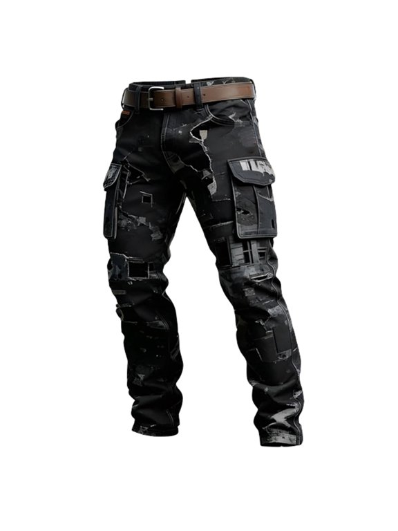 Mens Urban Camo Cargo Pants Belt Loops Side Flap Pockets Casual Utility Trousers for Comfortable Daytime Wear
