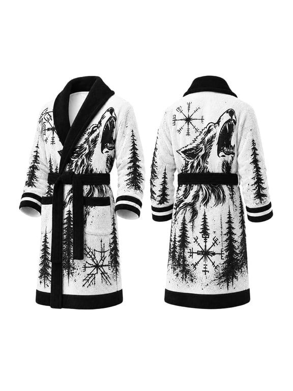 Mens Wolf Graphic Robe Tree Print Shawl Collar Long Sleeve Belted Bathrobe Contrast Trim Front Pockets Relaxed Fit Lounge Wrap
