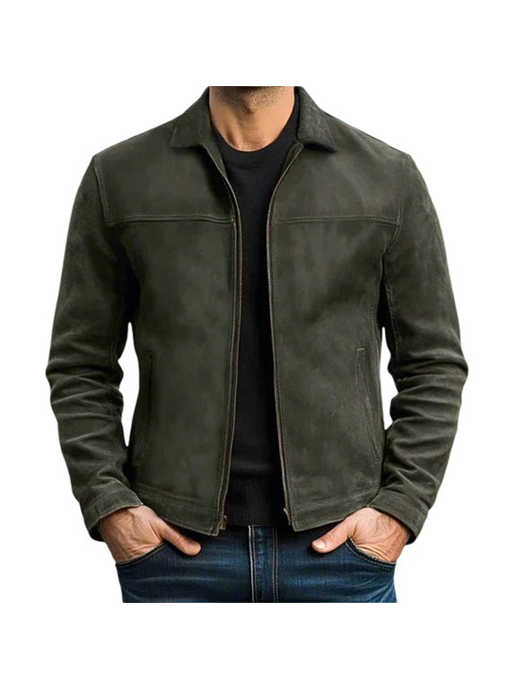 Mens Zip Front Jacket Solid Collared Long Sleeve Panel Seams Side Pockets Straight Fit Length Casual Layering Coat