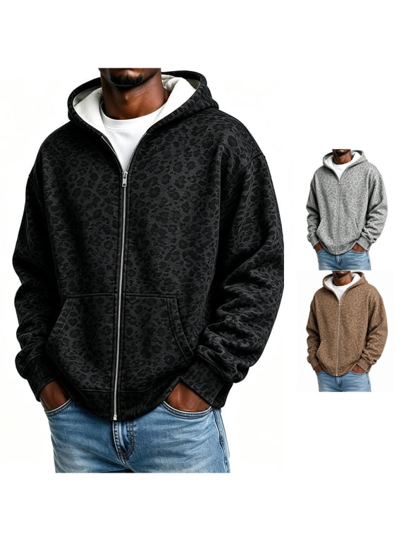 Mens Zip Up Hoodie Leopard Print Cheetah Print Long Sleeve Hooded Sweatshirt Front Pockets Casual Full Zip Jacket Hoodies