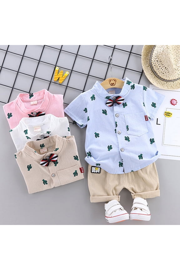 Toddler Boys Desert Outfits Collared Short Sleeve Cactus Graphic Print Beach Shirt and Shorts Summer Vacation Suit