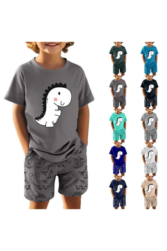 Toddler Boys Dinosaur Outfits Crew Neck Short Sleeve Animated Dino Graphic Tee and Shorts Summer Active Wear Clothing Pack