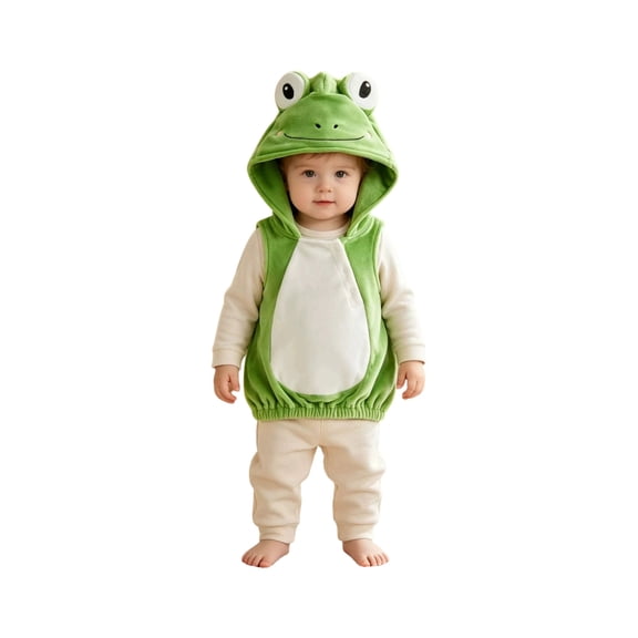Trendfront Toddler Boys Frog Costume Hooded Vest Animal Face Sleeveless Zip Front Top Contrast Belly Elastic Hem Dress Up Outfit