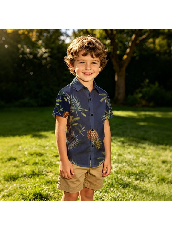 Toddler Boys Hawaiian Pineapple Tree Tops Tropical Palm Short Sleeve Button Down Tee Summer Beach Collared Casual T Shirts