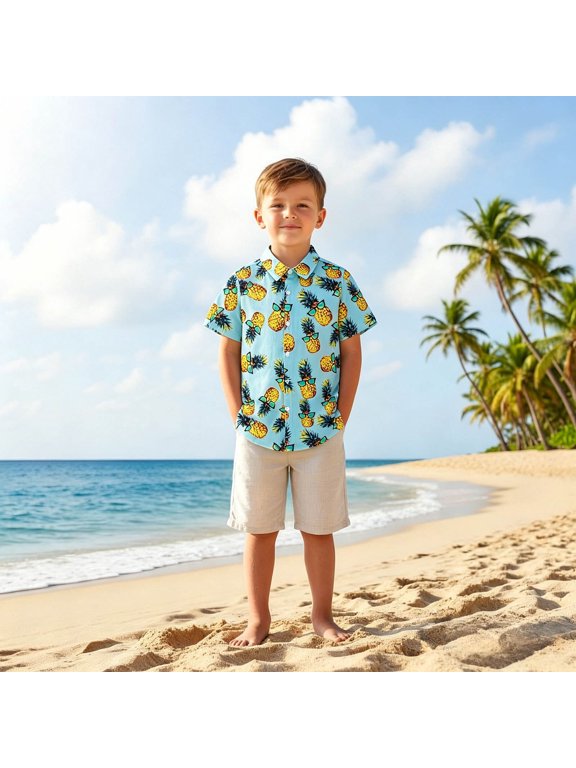 Toddler Boys Pineapple Graphic Tops Short Sleeve Polo Collared Button Seaside Vacation Travel T Shirts Resort Tee