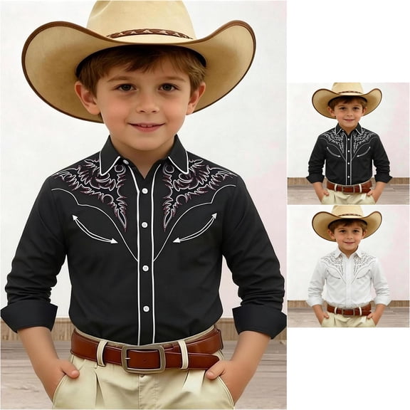Trendfront Toddler Boys Vintage Embroidered Rodeo Tee Western Cowboy Long Sleeve Button Down Tops Dapper Collared Fashion T Shirts