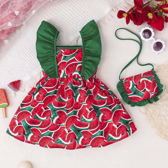 Trendfront Toddler Girls A Line Play Dress Mini Sleeveless Scoop Neck Fruit Pattern Casual Outfits Summer Beach Casual Daily Play Bag Set
