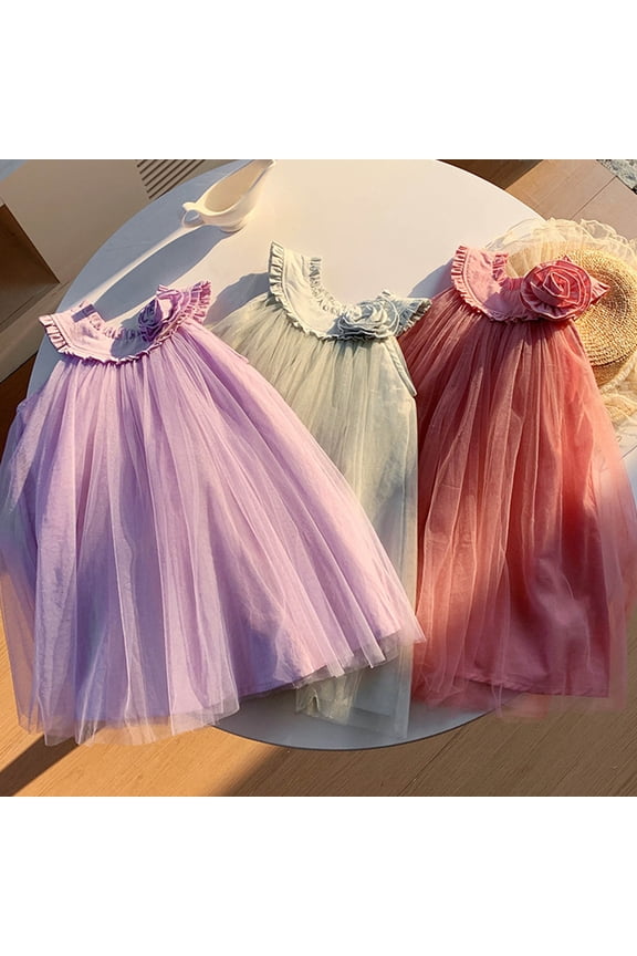 Toddler Girls Ball Gown Party Dress Maxi Sleeveless Crewneck Solid Pattern Mesh Flower Accent Birthday Party