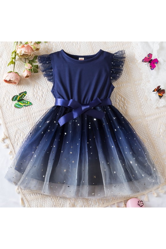 Toddler Girls Ball Gown Party Dress Mini Sleeveless Crew Neck Star Pattern Mesh Bow Decor Birthday Party Wear