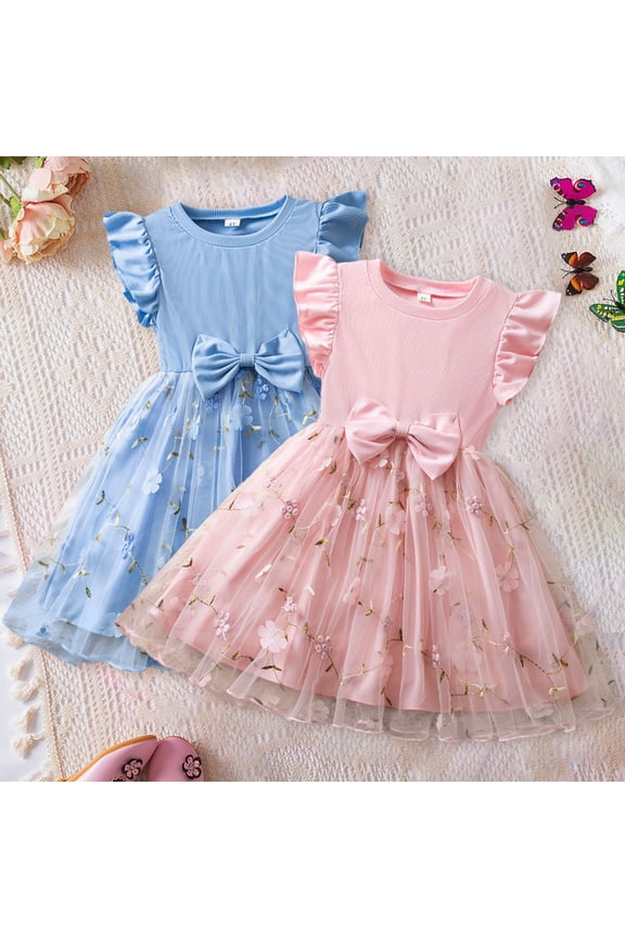 Toddler Girls Ball Gown Tutu Dress Mini Sleeveless Crew Neck Mesh Floral Pattern 3D Flowers Bow Decor Birthday Party