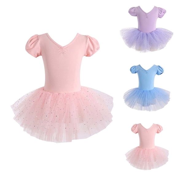 Trendfront Toddler Girls Ballet Tutu Dress Mini Short Sleeve V-Neck Kids Dance Leotard Sequin Mesh Skirt Gymnastics Wear