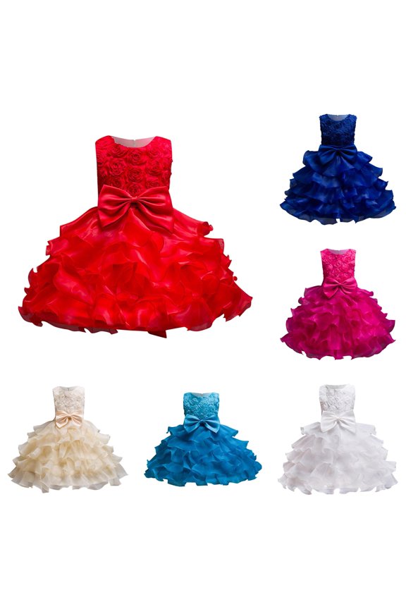 Toddler Girls Bowknot Layered Ruffle Rose Applique Dress Mini Sleeveless Crew Neck Pageant Formal Party Gown