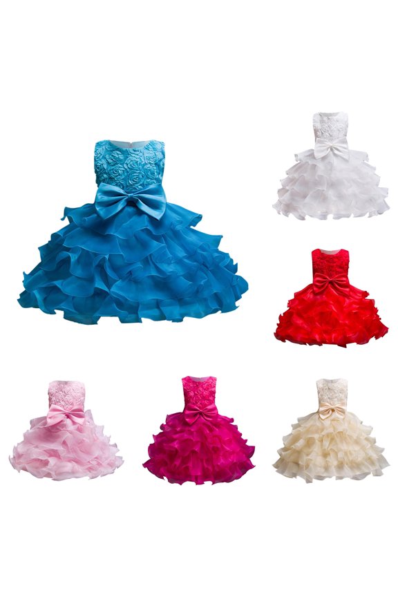 Toddler Girls Bowknot Layered Ruffle Rose Applique Dress Mini Sleeveless Crew Neck Pageant Formal Party Gown
