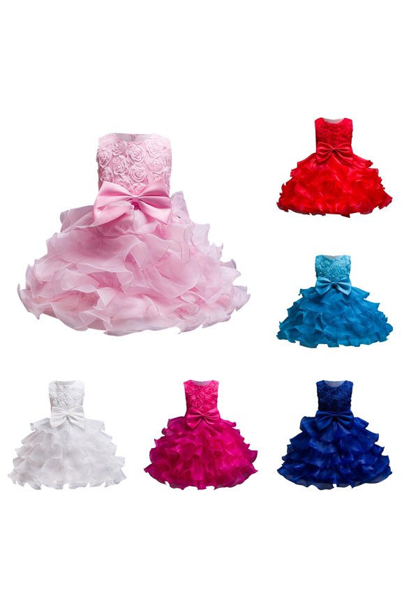 Toddler Girls Bowknot Layered Ruffle Rose Applique Dress Mini Sleeveless Crew Neck Pageant Formal Party Gown