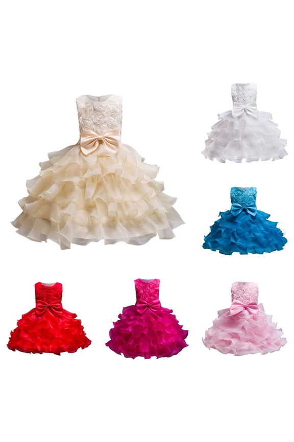 Toddler Girls Bowknot Layered Ruffle Rose Applique Dress Mini Sleeveless Crew Neck Pageant Formal Party Gown