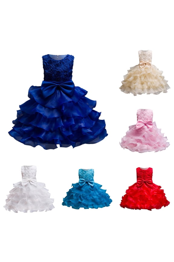Toddler Girls Bowknot Layered Ruffle Rose Applique Dress Mini Sleeveless Crew Neck Pageant Formal Party Gown