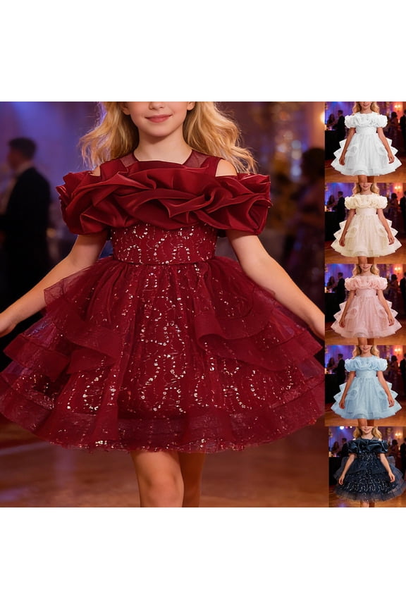 Toddler Girls Evening Gown Ball Gown Mini Sleeveless Boat Neck Cold Shoulder Ruffle Trim Sequin Pattern Princess Party