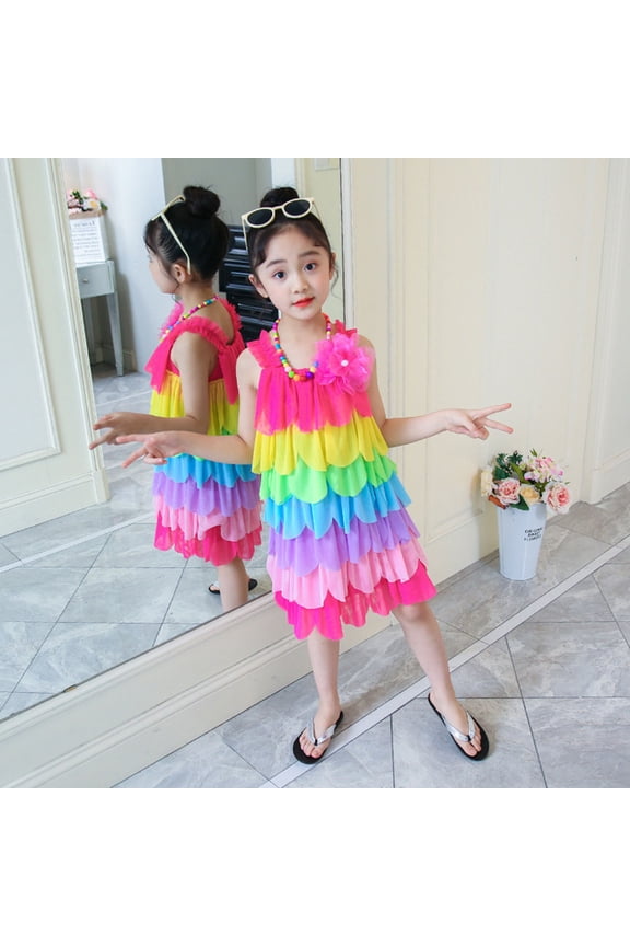 Toddler Girls Layered Ruffle Rainbow Tutu Dress Mid-Length Sleeveless Crew Neck Pageant Wedding Birthday Party Gown