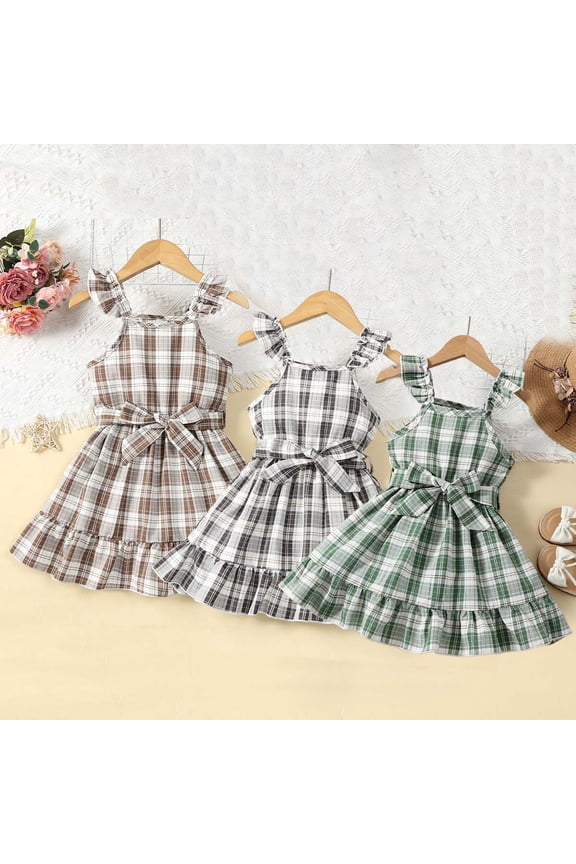 Toddler Girls Pinafore Play Dress Mini Sleeveless Square Neck Gingham Plaid Pattern Ruffle Strap Bow Decor Casual Outfits