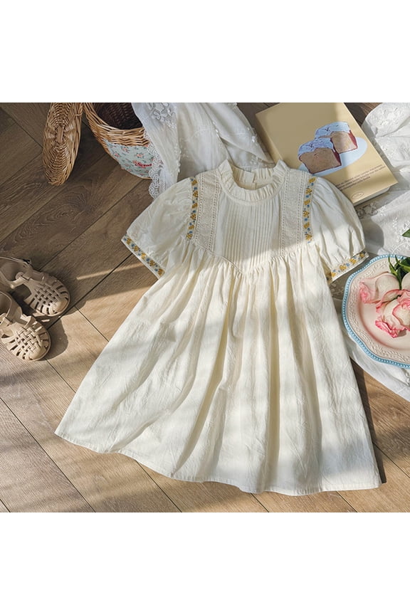 Toddler Girls Ruffle Trim Vintage Embroidered Dress Mid-Length Short Sleeve Neck Casual Boutique Outfits
