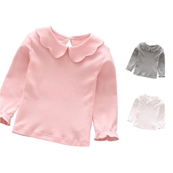 Trendfront Toddler Girls Scalloped Peter Pan Collar T Shirts Long Sleeve Ruffle Top Solid Color Cute School Uniform Blouse