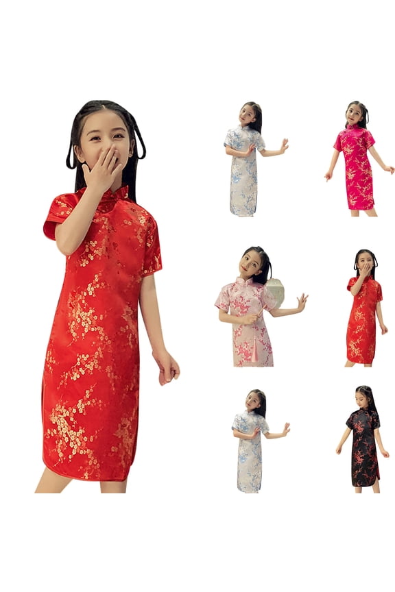 Toddler Girls Sheath Mid-Length Short Sleeve Collared Sakura Floral Gold Foil Print Traditional Chinese Style Qipao Dress Celebration Wear