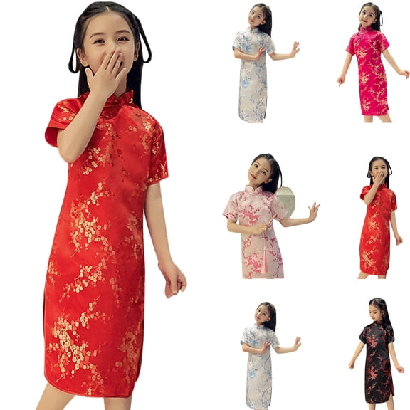 Trendfront Toddler Girls Sheath Mid-Length Short Sleeve Collared Sakura Floral Gold Foil Print Traditional Chinese Style Qipao Dress Celebration Wear