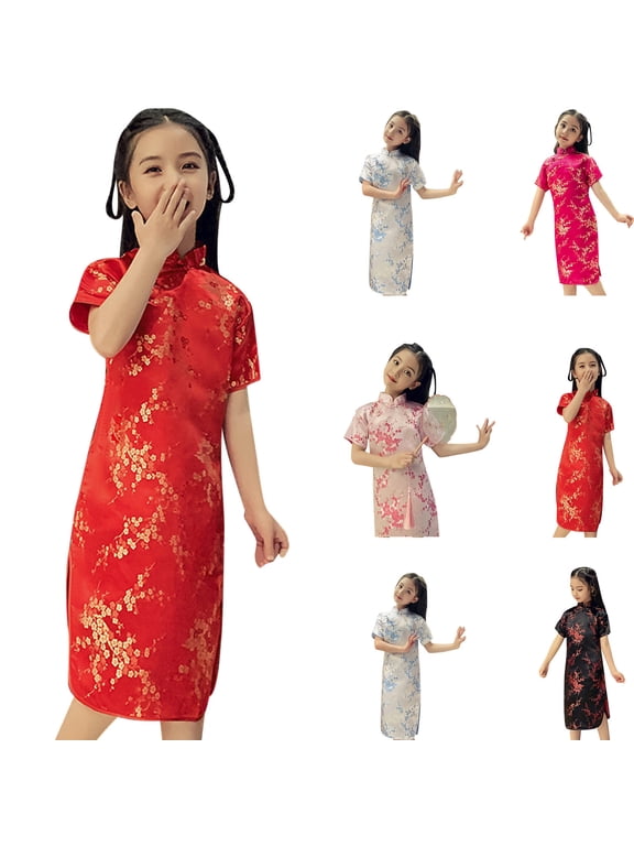 Toddler Girls Sheath Mid-Length Short Sleeve Collared Sakura Floral Gold Foil Print Traditional Chinese Style Qipao Dress Celebration Wear