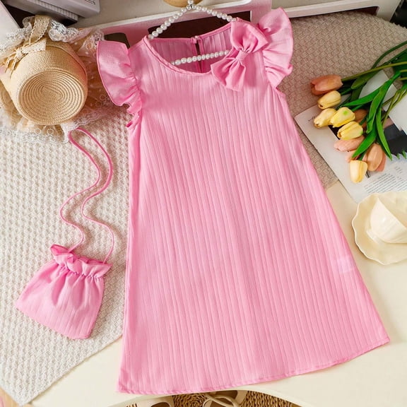 Trendfront Toddler Girls Shift Dress Mini Sleeveless Crew Neck Flutter Ruffle Sleeve Sweet Bow Decor Shoulder Purse Bag Set