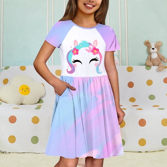 Trendfront Toddler Girls Skater Dress Mid-Length Short Sleeve Crew Neck Unicorn Graphic Diagonal Abstract Splash Print Casual Daily Wear