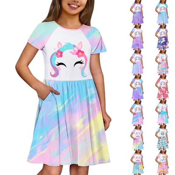 Trendfront Toddler Girls Skater Dress Mid-Length Short Sleeve Crew Neck Unicorn Graphic Diagonal Abstract Splash Print Casual Daily Wear